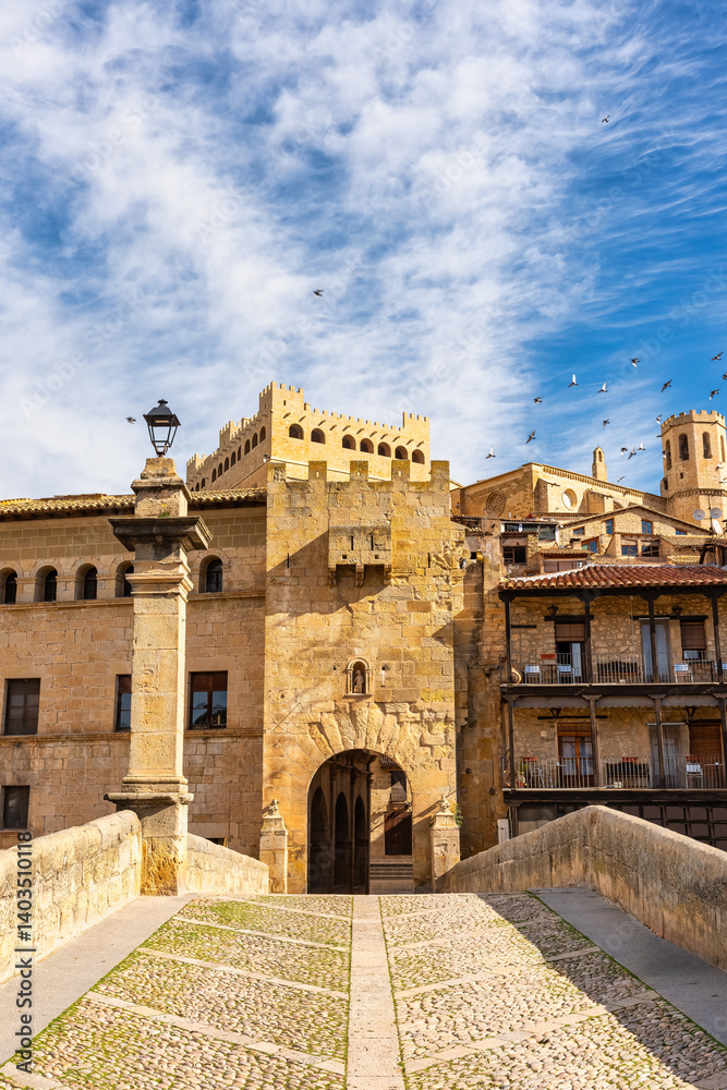 Medieval stone bridge across the river that passes by the medieval town of Valderrobres, Teruel, Spain.
