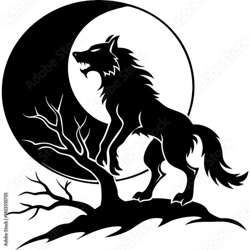 A werewolf howling at the moon, silhouette on a hill