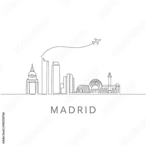 Madrid Skyline Line Art with Plane, Travel, and Minimal.