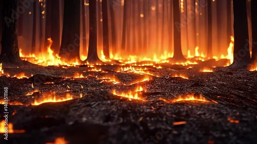 Forest engulfed in flames during a wildfire at dusk creating intense heat and illumination