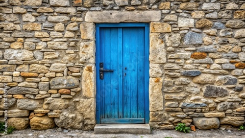 Aerial View Weathered Blue Door Rustic Stone Wall House Photography