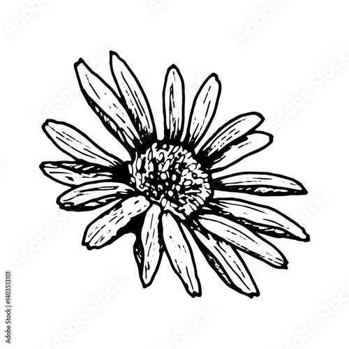 Black and white flower head sketch that can resemble daisy, rudbeckia or echinacea. Hand drawn botanical element with detailed petals, ideal for herbal, floral and educational design purposes.