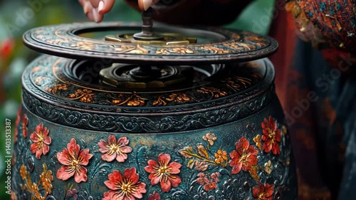 Hand placing item into intricately designed container adorned with flowers in a serene garden setting