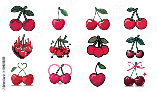 Cherry Vector Set – Cute and Stylized Cherry Icons for Pop Art, Stickers, and Food Design

