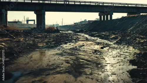 Dry riverbed under a bridge with puddles reflecting the sunlight in the early evening