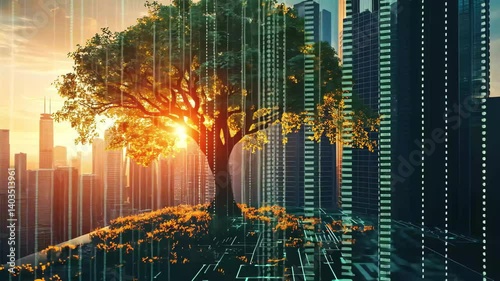 Urban landscape merges with nature at sunset, showcasing a tree amidst skyscrapers and digital elements