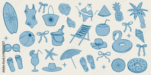 Coquette Summer Icons with Blue Bows. Cute Beach Vacation Doodle Elements