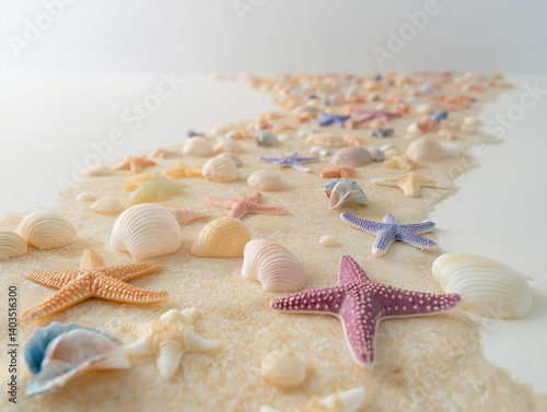 Path of Colorful Seashells and Starfish on Light Sand.