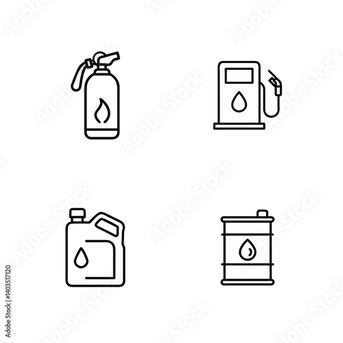 Simple Line Icons of Fire Extinguisher, Gas Pump, Oil Canister and Barrel