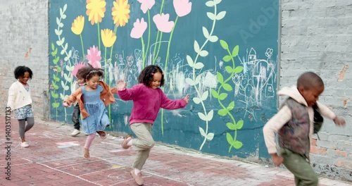 School, children and playing hopscotch on playground with jumping, education break and fun activity. Montessori, people and balance game outdoor for gross motor skills, recess and agility development