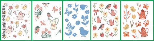 Cute Garden Pattern Set with Birds, Watering Cans, Flowers, and Spring Elements in Pastel Colors