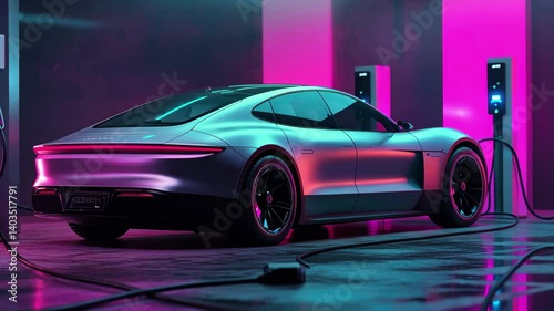 Electric vehicle charging under neon lights in a futuristic setting at night