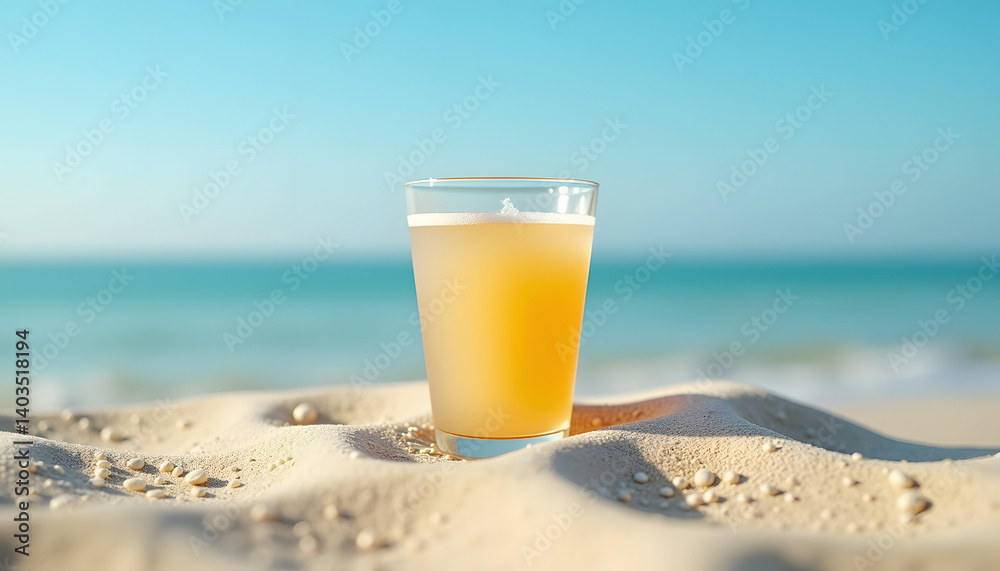 Refreshing drink on sandy beach with ocean backdrop Refreshing drink on sandy beach with ocean backdrop