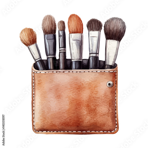 Makeup Brush Set In A Leather Pouch, watercolor vector, isolated on a white background.