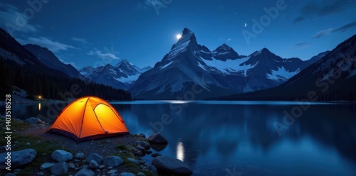 Moonlit Sawtooth peaks reflected in Stanley Lake, illuminating a lone tent , wilderness, scene