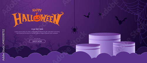Happy halloween. Realistic purple 3D cylindrical podium for halloween banner. Happy halloween minimal scene for products showcase, Promotional display. Vector room platforms.