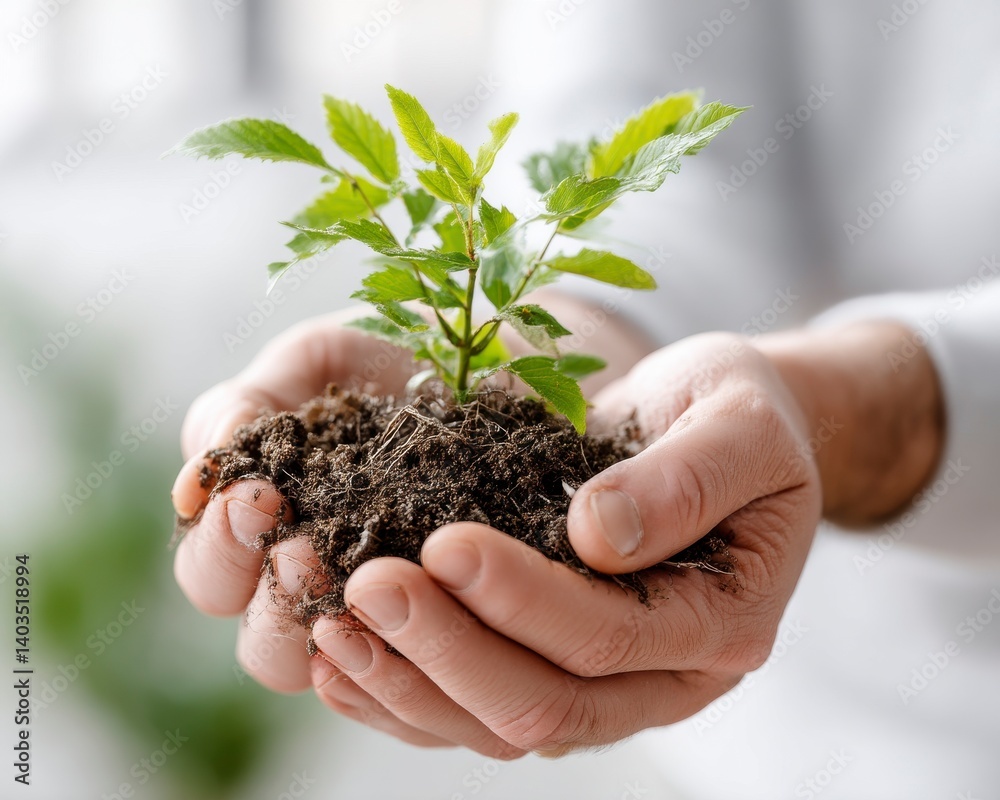 Hands Holding Soil With Small Tree Sapling in Nurturing Gesture Hands Holding Soil With Small Tree Sapling in Nurturing Gesture
