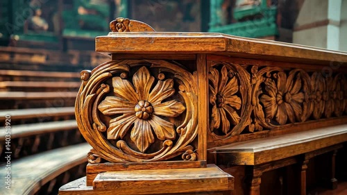 Intricate wooden carvings of flower motifs in an ornate interior setting with pews and soft lighting