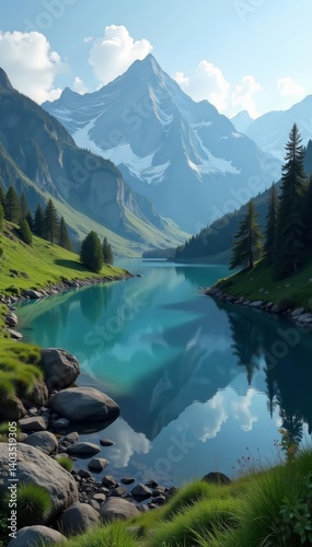 Tranquil pond nestled in a valley with snow-capped mountains, serene, mountains