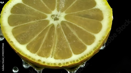 Refreshing lemon slice with bubbles on a black background showcasing its juicy texture and vibrant color