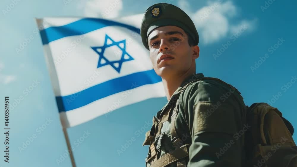 soldier in uniform standing under israeli flag