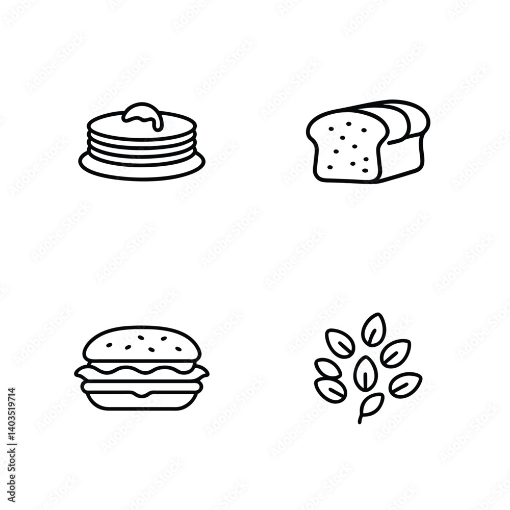 Simple Line Art Icons of Breakfast, Lunch, and Grains Simple Line Art Icons of Breakfast, Lunch, and Grains