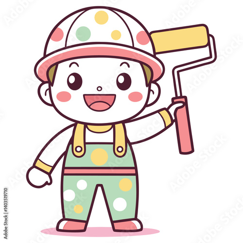Cartoon Smiling Painter Holding Roller with Colorful Spotted Hat and Overalls