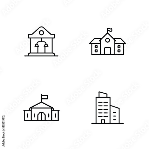 Simple Line Art Icons of Different Buildings