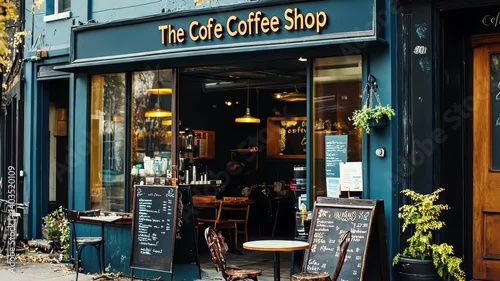 Cozy coffee shop exterior with outdoor seating on a brisk autumn day