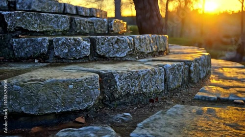 Beautiful stone steps leading to a sunset view in a tranquil outdoor setting