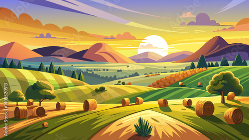 field with haystack on hillside at sunrise