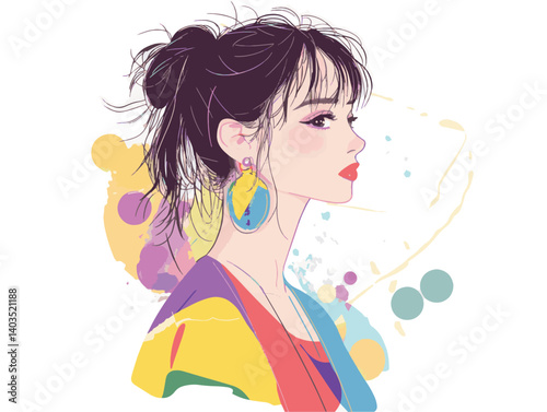 Side profile of a stylish young woman with colorful earrings and a bun hairstyle against a watercolor background
