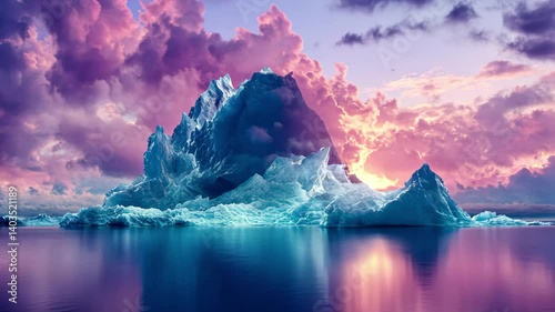Stunning ice formation glistens under a pastel sky in a serene oceanic landscape during sunset