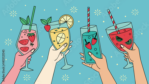 Title: Four Hands Holding Colorful Summer Cocktails with Straws