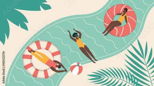 Summer Lazy River Fun with Inflatable Rings and Beach Ball