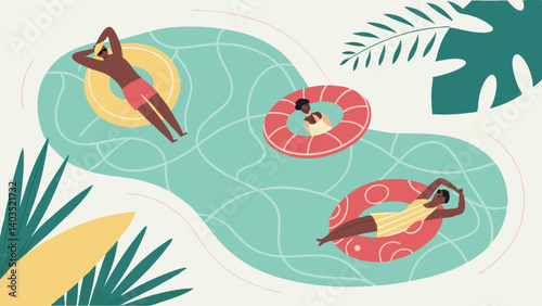 Summer Pool Day with Inflatable Rings, Float, and Surfboard