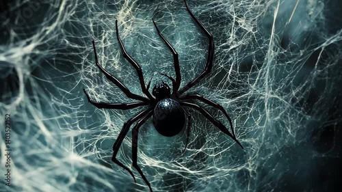 Dark spider lurking in a web illuminated by ghostly light amidst shadowy background
