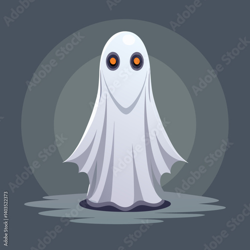 A friendly ghost with glowing orange eyes stands serenely in the dim light of a moonlit Halloween night.