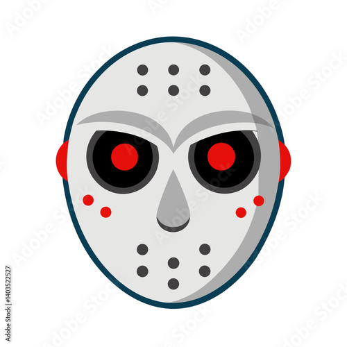 A menacing hockey mask with glowing red eyes, a chilling Halloween symbol in simplified flat design.