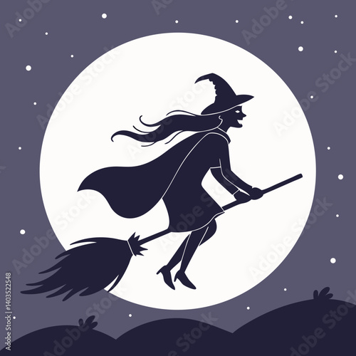 A mischievous witch soars on her broomstick under a full moon, a whimsical Halloween night flight silhouetted against a starry sky.