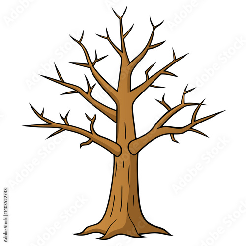 A stark, bare tree stands resilient against a white backdrop, its brown branches reaching skyward in a simple, cartoonish style.