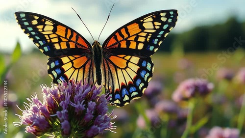 Monarch butterfly resting on a flower in a sunny meadow during late afternoon