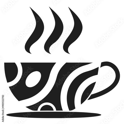 A steaming cup of coffee, its abstract design swirling with warmth and energy, a bold graphic style in black and white.