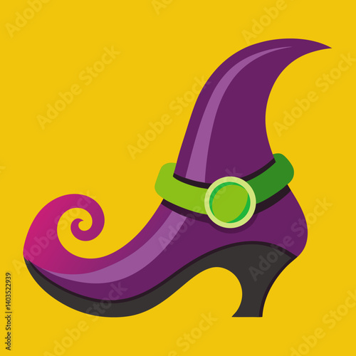 A whimsical witch's boot with a playful swirl and vibrant purple hues against a sunny yellow backdrop.