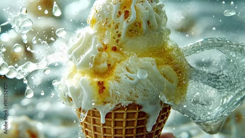 Delicious ice cream cone with melting cream and dripping syrup in a sunny outdoor setting