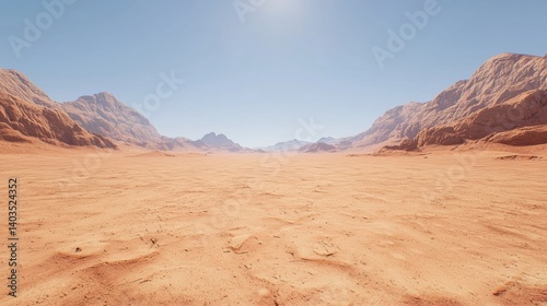 A vast desert landscape with towering mountains and a bright blue sky.