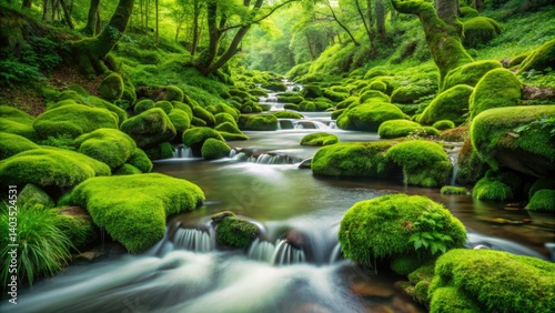 Serene Mossy Forest Stream: Lush Green Nature Silhouette Photography