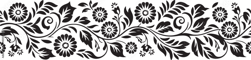 Elegant floral ornamental border vector, black botanical pattern with swirling leaves and flowers, perfect for decoration, textile, or frame design Elegant floral ornamental border vector, black botanical pattern with swirling leaves and flowers, perfect for decoration, textile, or frame design