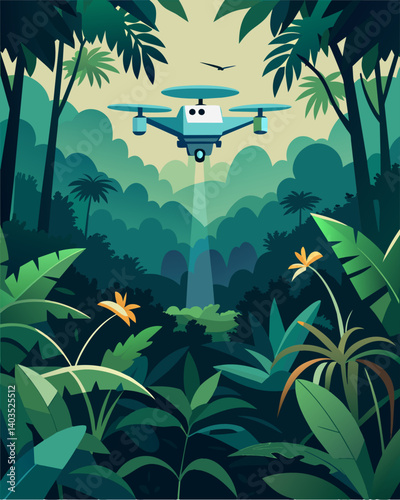 Deep in the heart of a dense jungle a drone powered by solar energy flies undetected through the thick foliage collecting valuable data on wildlife populations that would be nearly. Vector