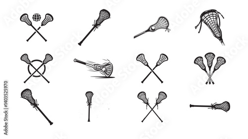 Lacrosse Stick Icon Set – Vector Lacrosse Equipment, Crossed Sticks, and Game Symbols in Black and White